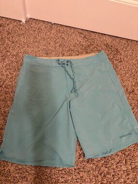 Patagonia Swim Trunks Size 34 Light Teal Green Tie Front Waistband Zip Pocket